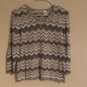 Alfred Dunner Gray and White Chevron Embellished Top
